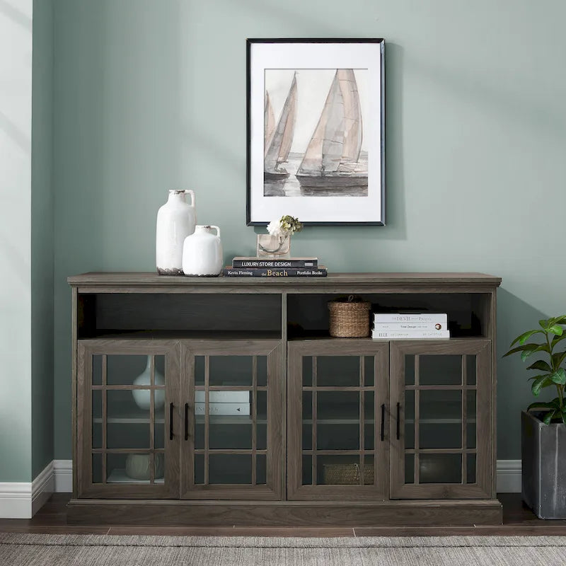 58" White Traditional 4-Door Glass TV Stand Console