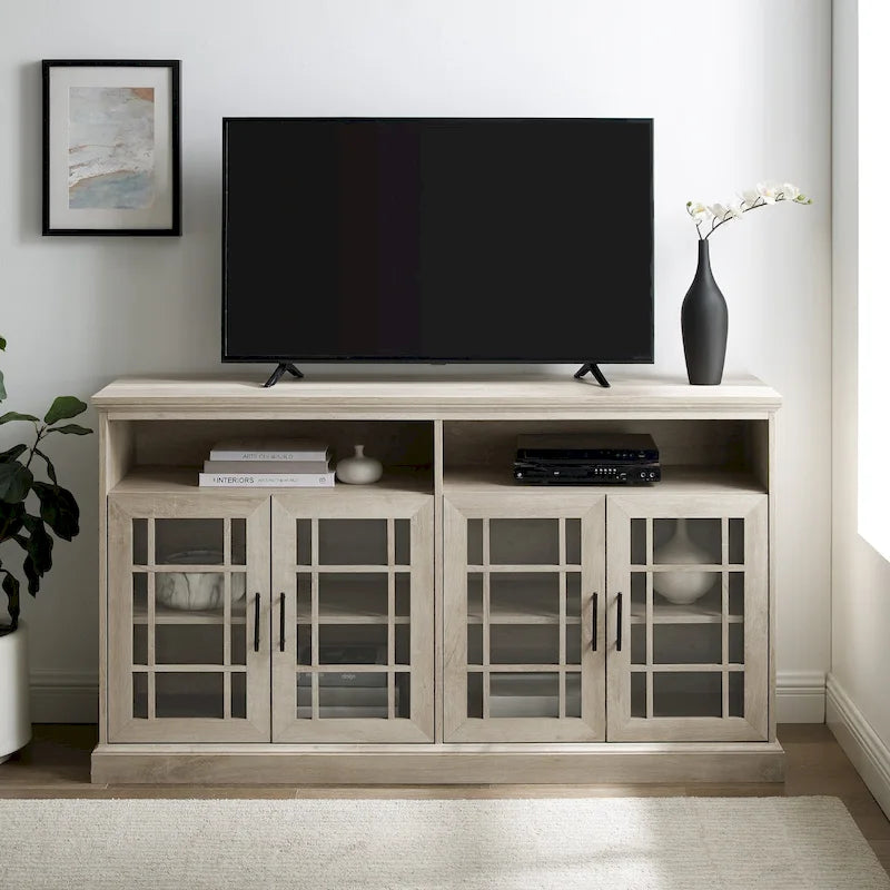 58" White Traditional 4-Door Glass TV Stand Console
