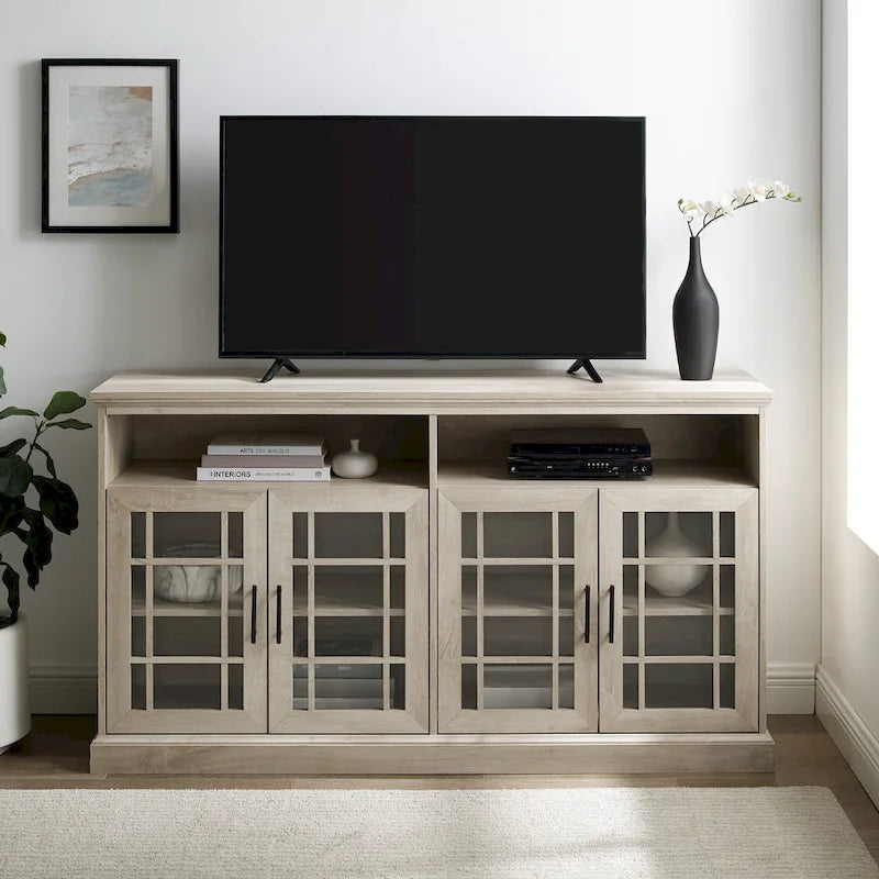 58" White Traditional 4-Door Glass TV Stand Console