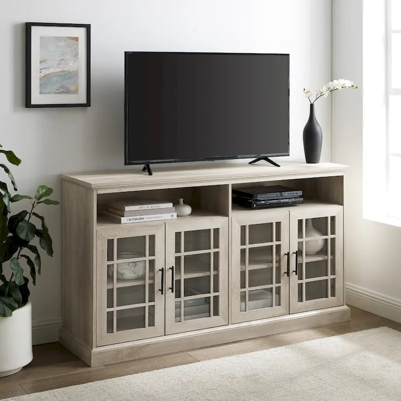 58" White Traditional 4-Door Glass TV Stand Console