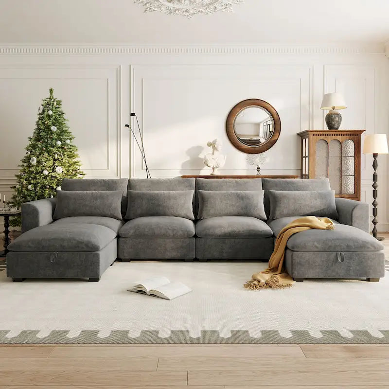 Gray U-Shaped Modular Corner Sofa with Ottomans - 4-6 Person