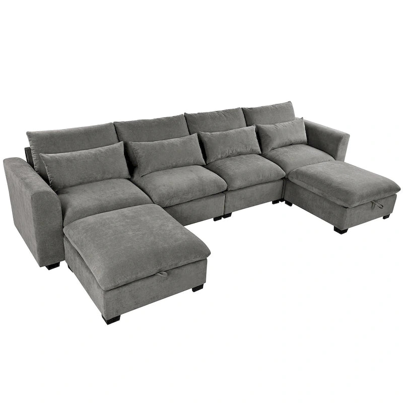 Gray U-Shaped Modular Corner Sofa with Ottomans - 4-6 Person