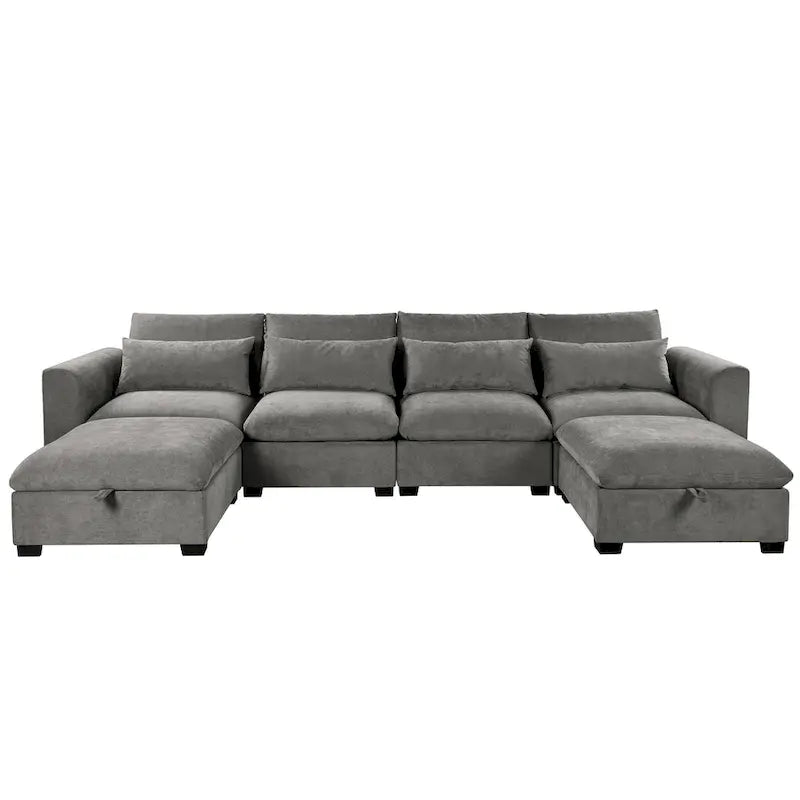 Gray U-Shaped Modular Corner Sofa with Ottomans - 4-6 Person