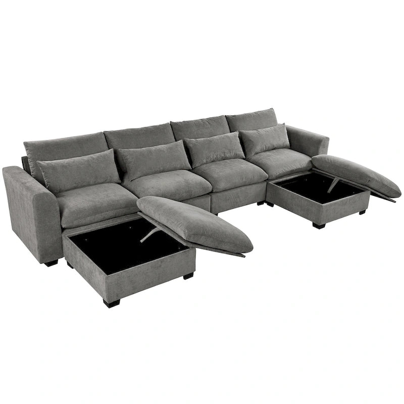 Gray U-Shaped Modular Corner Sofa with Ottomans - 4-6 Person