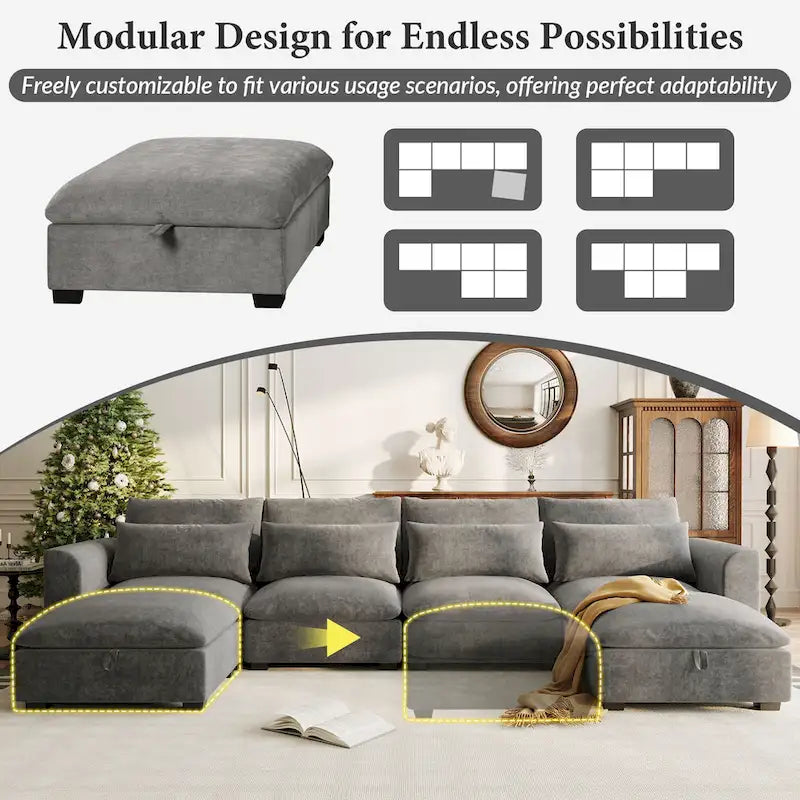 Gray U-Shaped Modular Corner Sofa with Ottomans - 4-6 Person