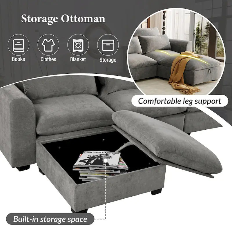 Gray U-Shaped Modular Corner Sofa with Ottomans - 4-6 Person