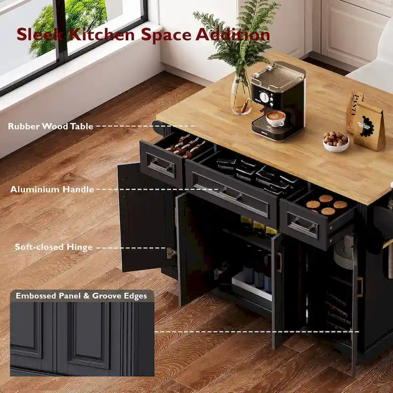 53 Kitchen Island With Drop Leaf, Kitchen Island On Wheels with Storage, Rolling Kitchen Table, Mobile Kitchen Cart