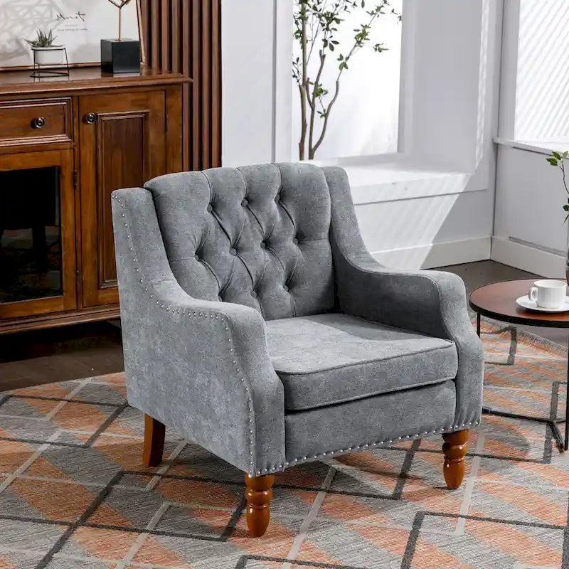 Linen Upholstered Accent Chair with Solid Wood Legs,Mid-Century Modern Single Lounge Sofa Chair for Living Room and Bedroom