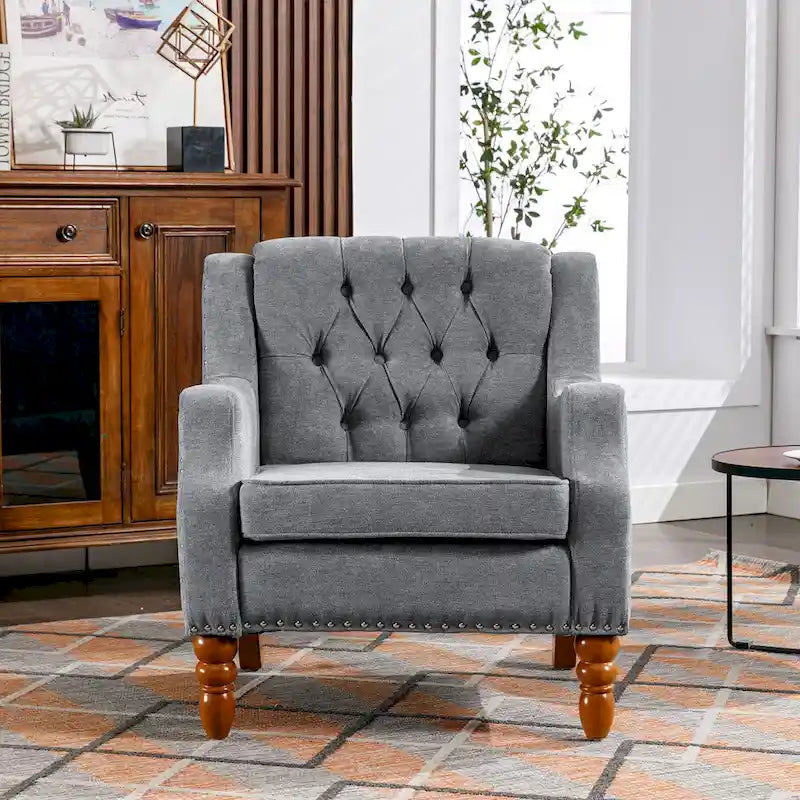 Linen Upholstered Accent Chair with Solid Wood Legs,Mid-Century Modern Single Lounge Sofa Chair for Living Room and Bedroom