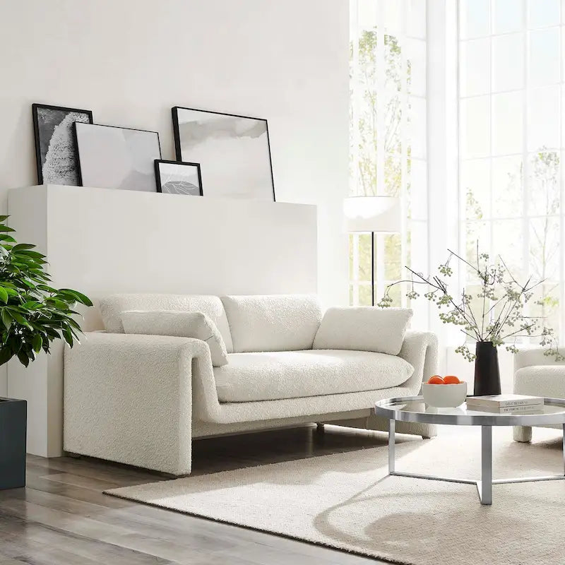 Beige Boucle Curved Sofa - 3 Seater