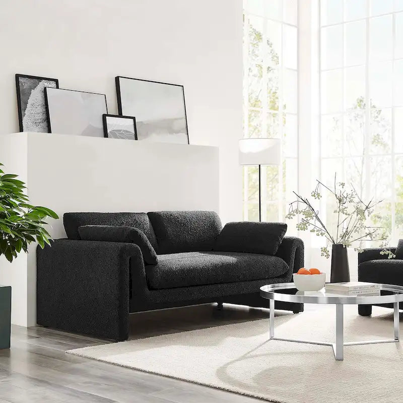 Beige Boucle Curved Sofa - 3 Seater
