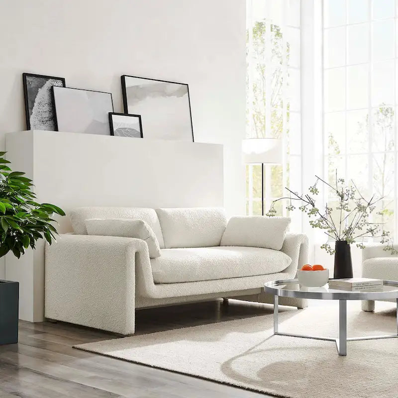 Beige Boucle Curved Sofa - 3 Seater