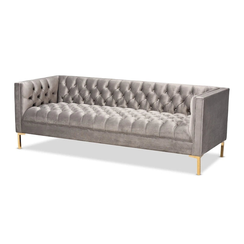 Blue Gray Velvet Tufted 3-Seater Sofa