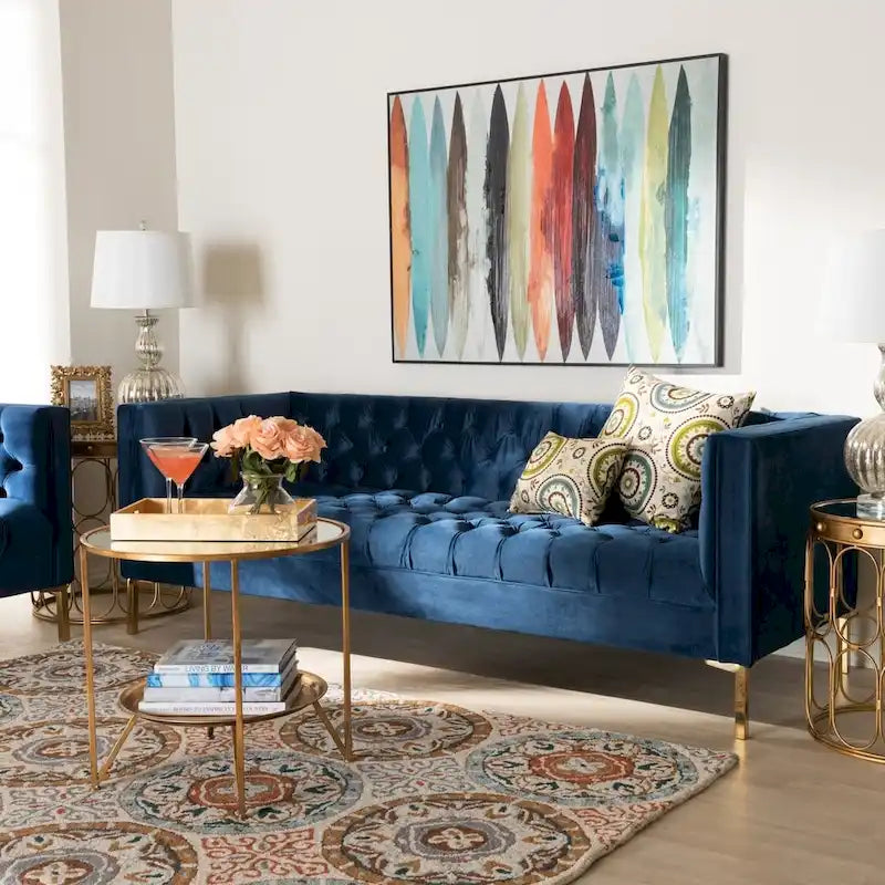 Blue Gray Velvet Tufted 3-Seater Sofa