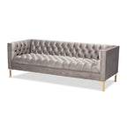Blue Gray Velvet Tufted 3-Seater Sofa