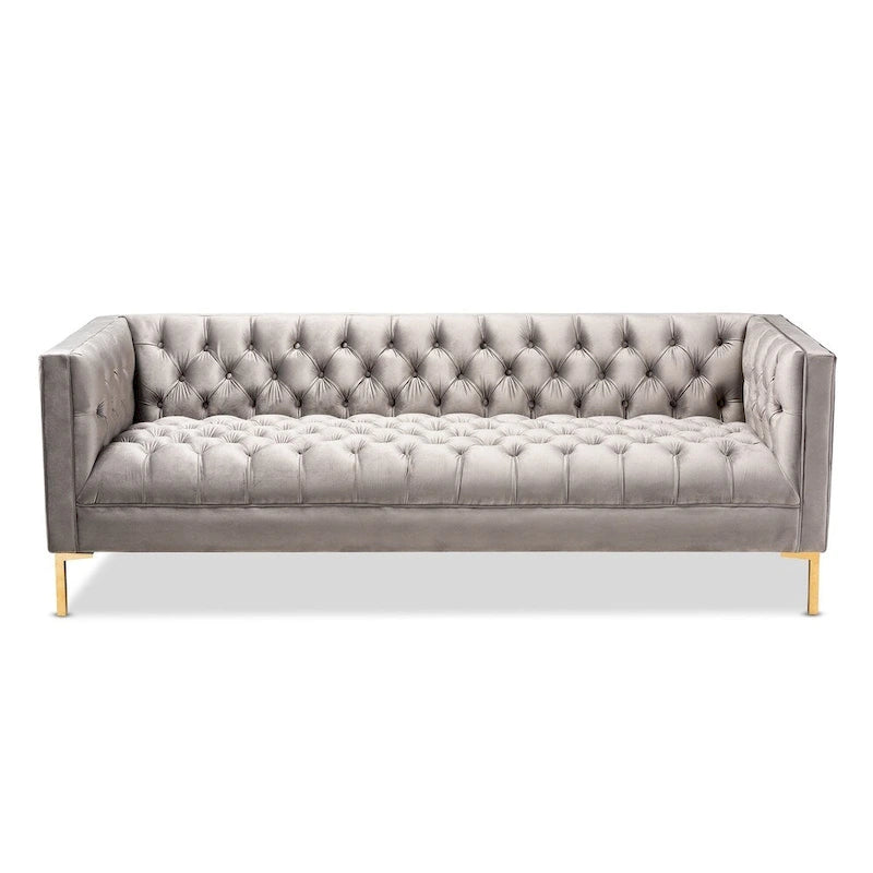 Blue Gray Velvet Tufted 3-Seater Sofa