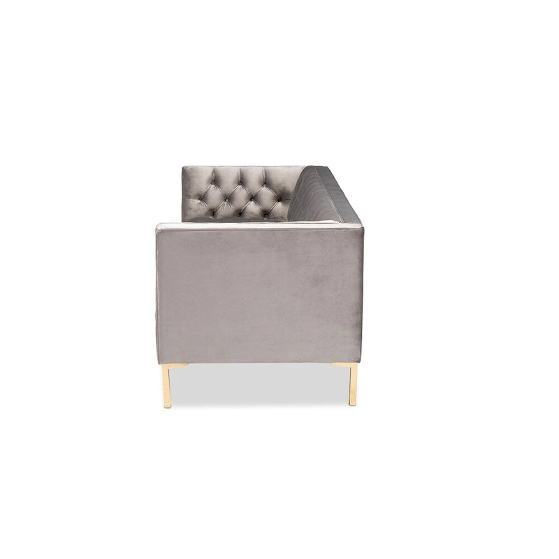 Blue Gray Velvet Tufted 3-Seater Sofa