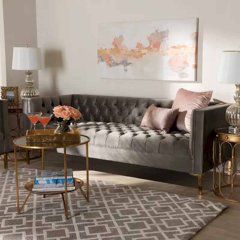 Blue Gray Velvet Tufted 3-Seater Sofa