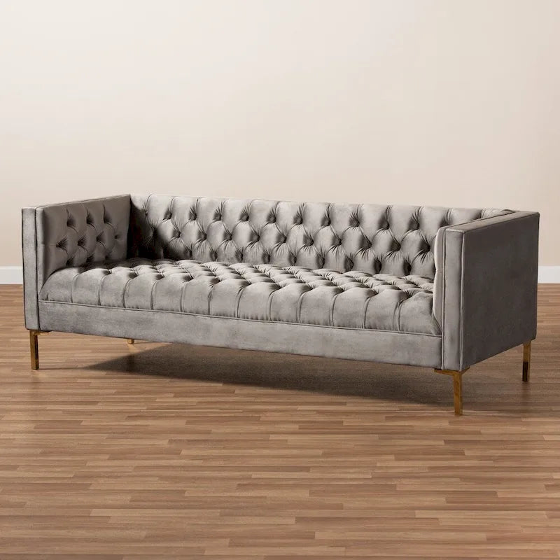 Blue Gray Velvet Tufted 3-Seater Sofa
