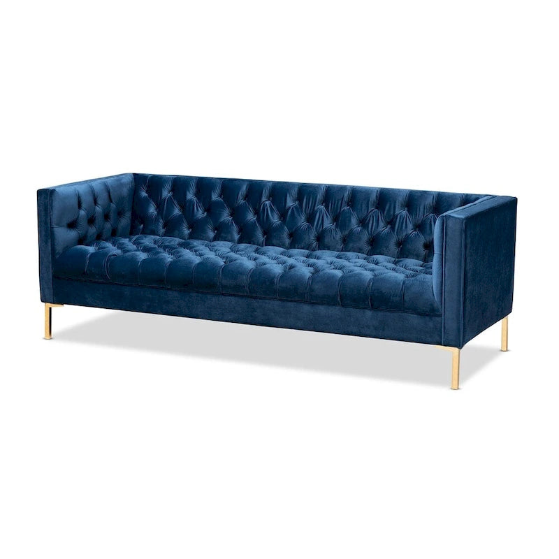 Blue Gray Velvet Tufted 3-Seater Sofa