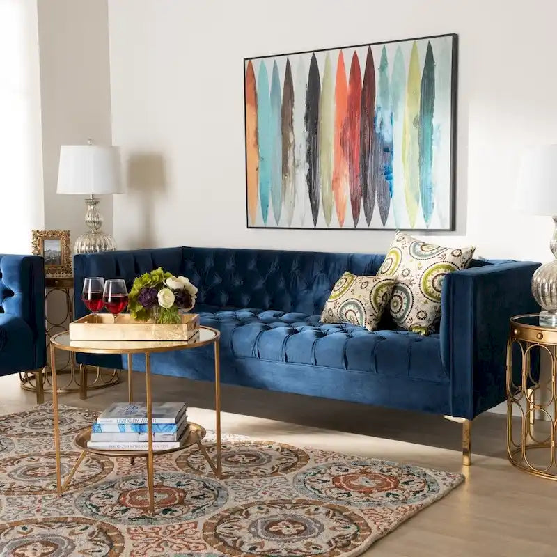 Blue Gray Velvet Tufted 3-Seater Sofa