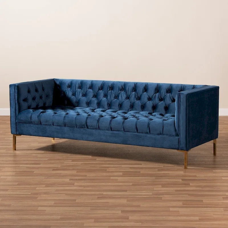 Blue Gray Velvet Tufted 3-Seater Sofa