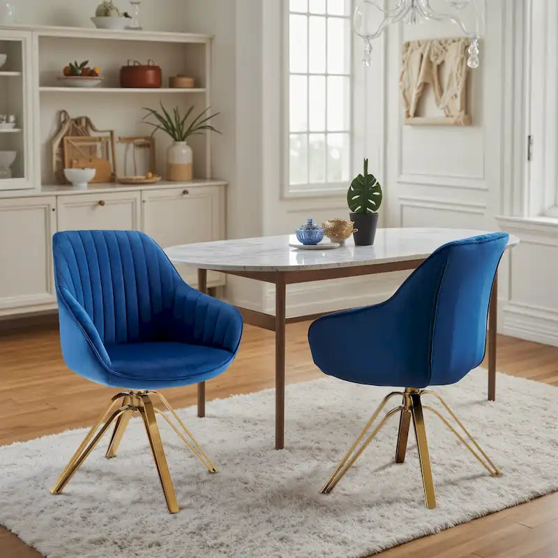 Set of 2 Velvet Swivel Dining Chairs with Golden Legs