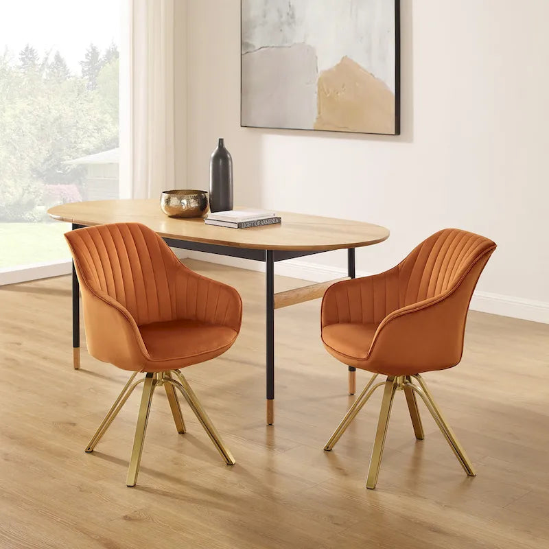 Set of 2 Velvet Swivel Dining Chairs with Golden Legs