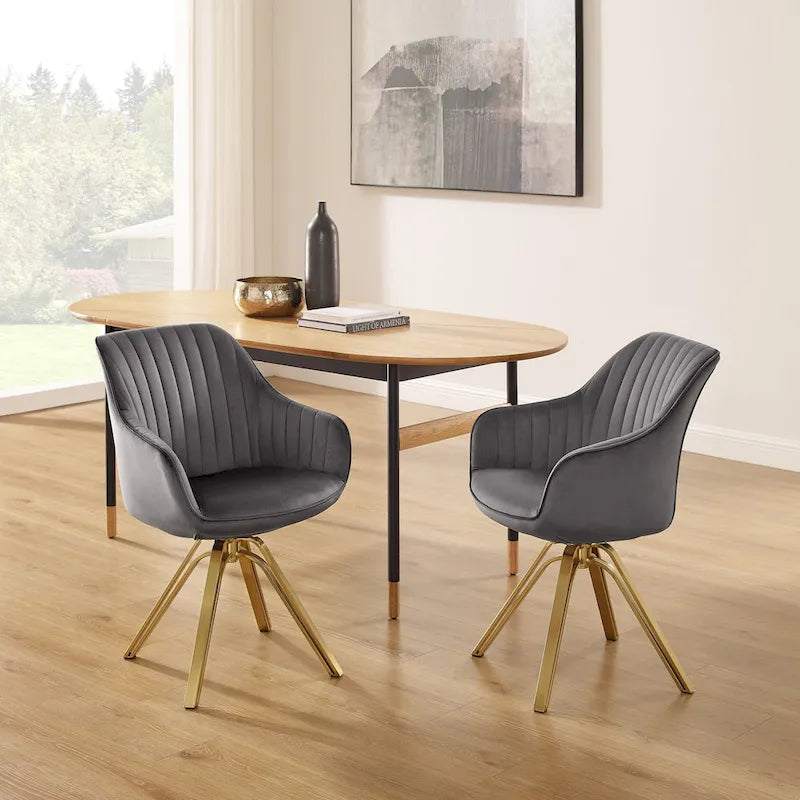 Set of 2 Velvet Swivel Dining Chairs with Golden Legs