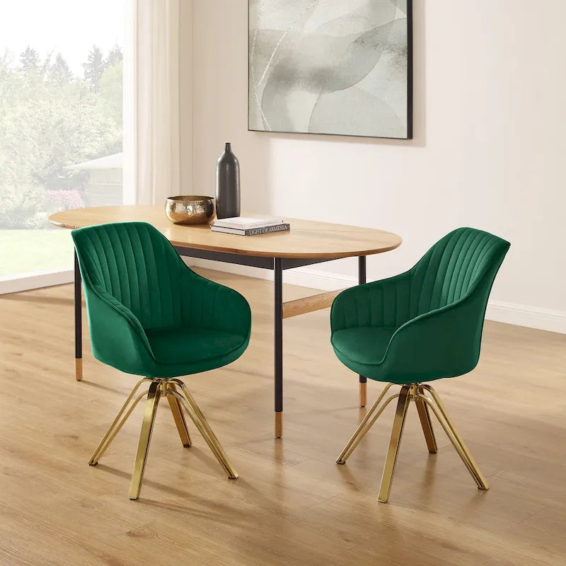 Set of 2 Velvet Swivel Dining Chairs with Golden Legs