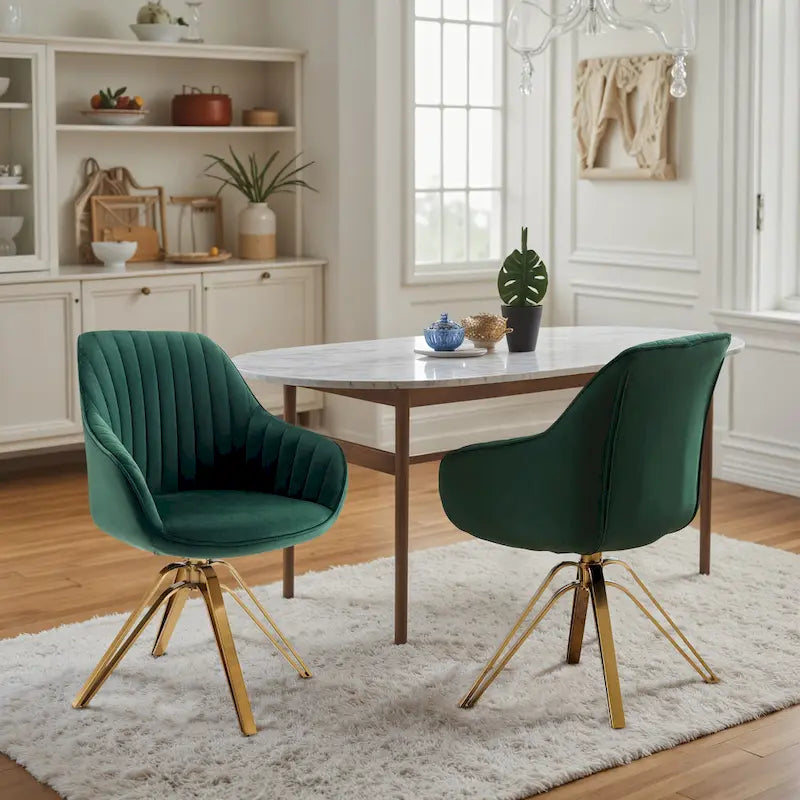 Set of 2 Velvet Swivel Dining Chairs with Golden Legs