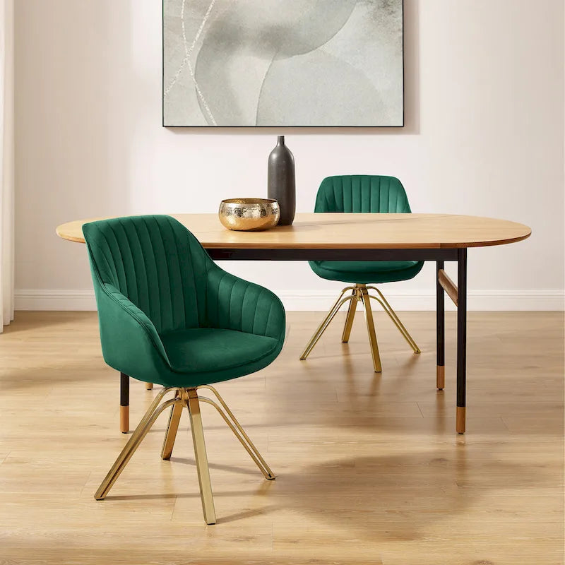 Set of 2 Velvet Swivel Dining Chairs with Golden Legs