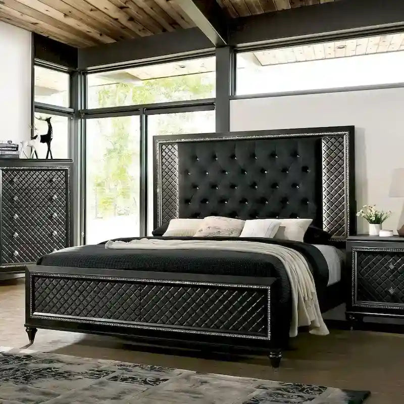 Furniture of America Quista Glam Grey Fabric Tufted LED Bed