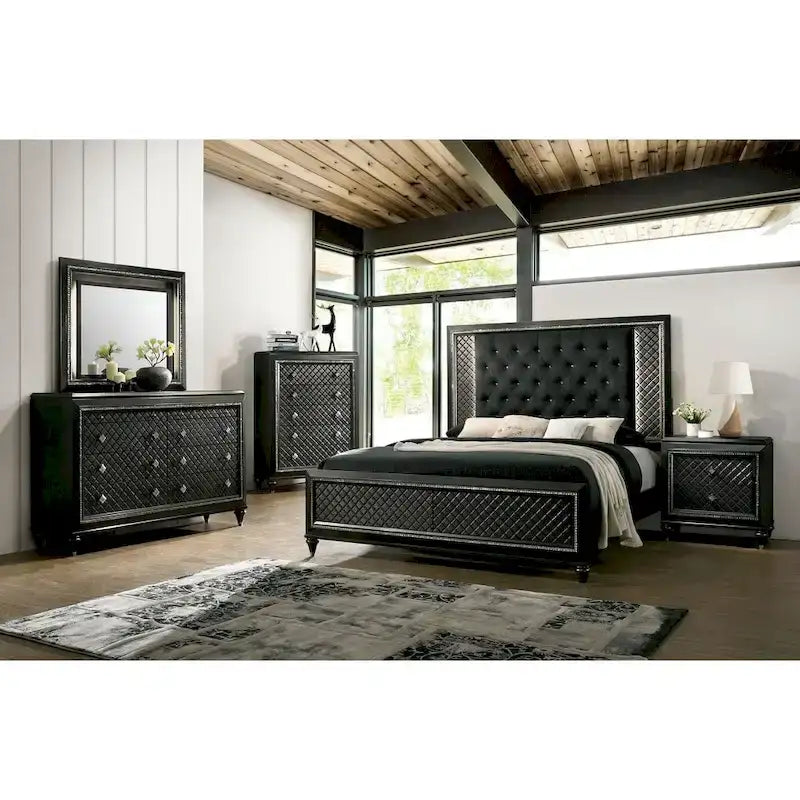 Grey Fabric Tufted LED Bed with Diamond Pattern - Queen/King