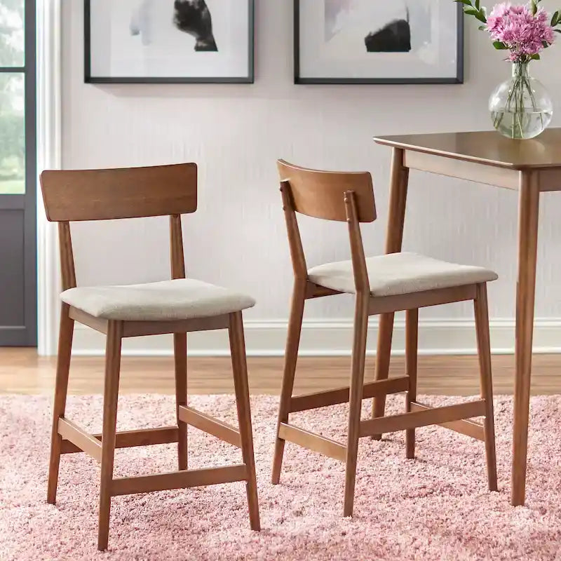 Walnut Counter Stool Set - Wheat Linen Upholstery - 26" Height - Set of 2