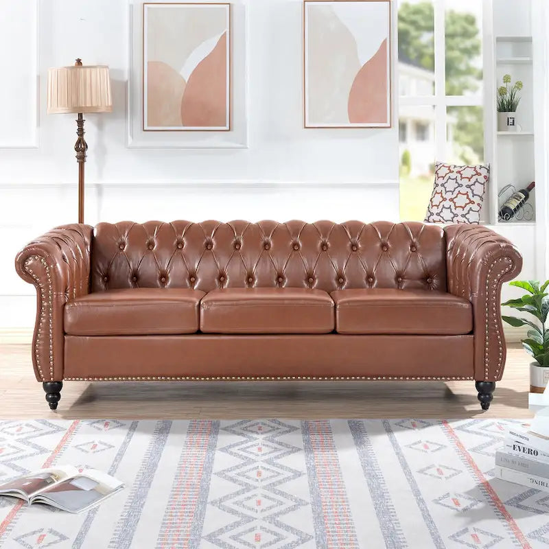 Brown Faux Leather Chesterfield Sofa - 3 Seater