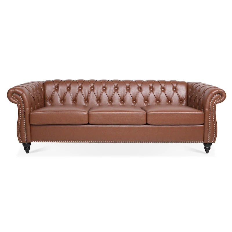 Brown Faux Leather Chesterfield Sofa - 3 Seater
