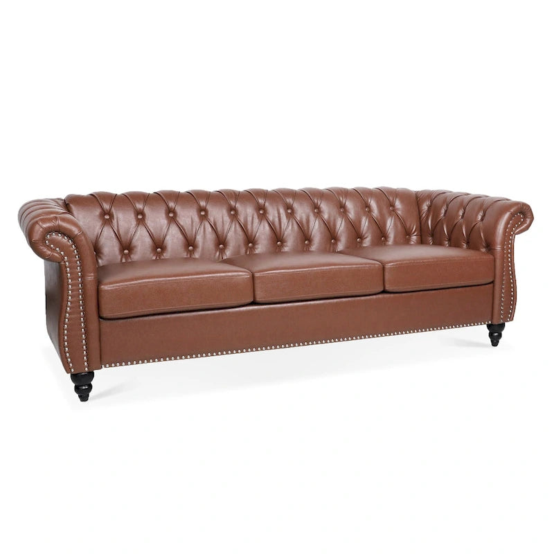 Brown Faux Leather Chesterfield Sofa - 3 Seater