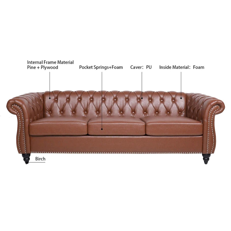 Brown Faux Leather Chesterfield Sofa - 3 Seater