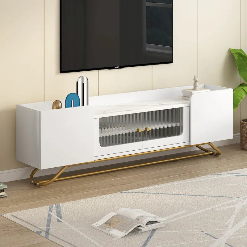 TV Stand with Fluted Glass, Entertainment Center for TVs Up to 70, Faux Marble Top TV Console Table with Gold Frame Base