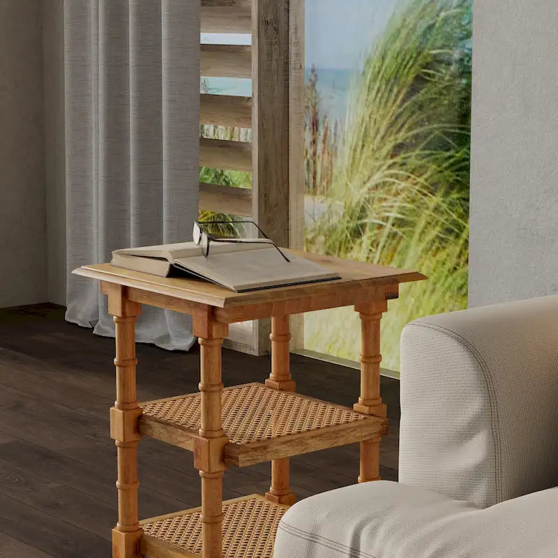 Natural Wood & Cane 3-Shelf Side Table