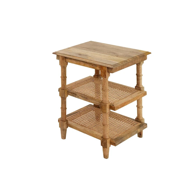 Natural Wood & Cane 3-Shelf Side Table