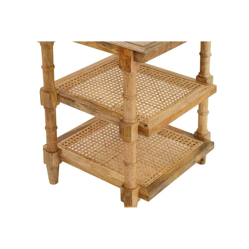 Natural Wood & Cane 3-Shelf Side Table
