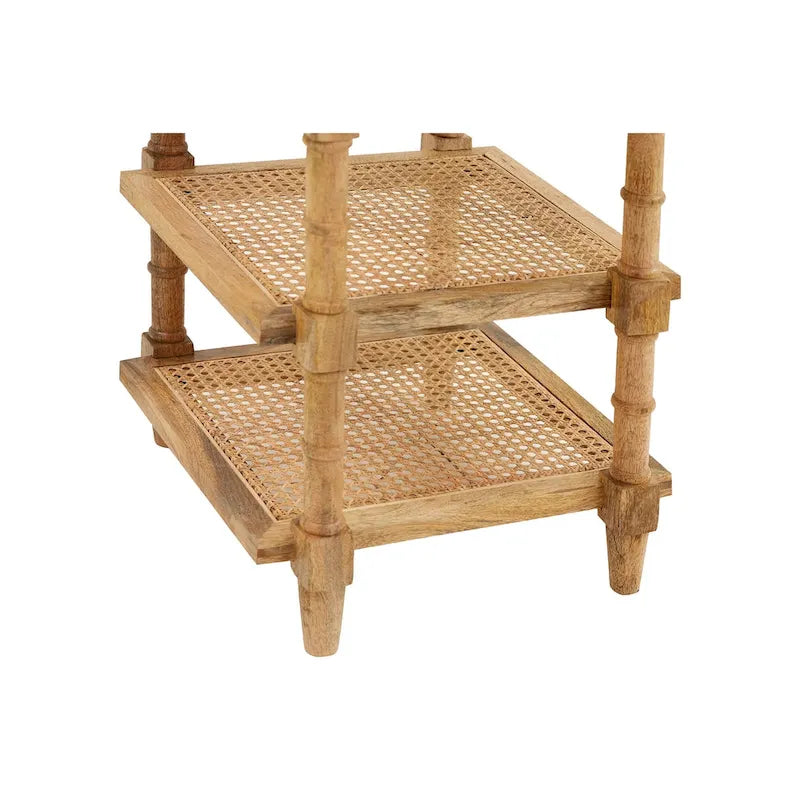 Natural Wood & Cane 3-Shelf Side Table