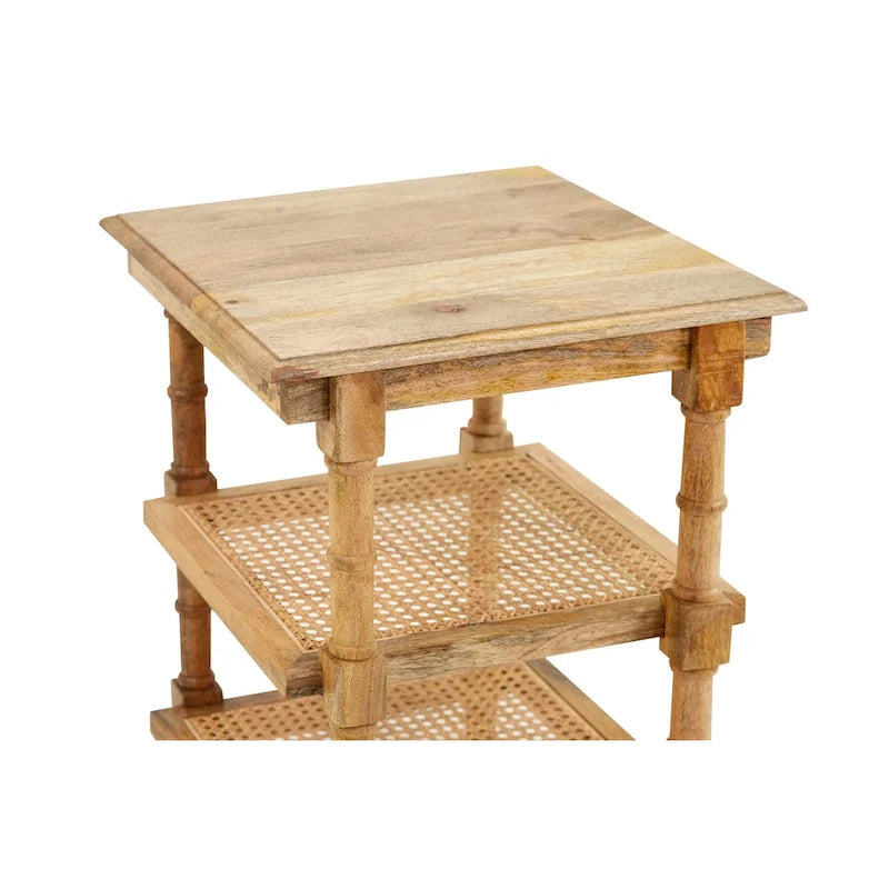 Natural Wood & Cane 3-Shelf Side Table