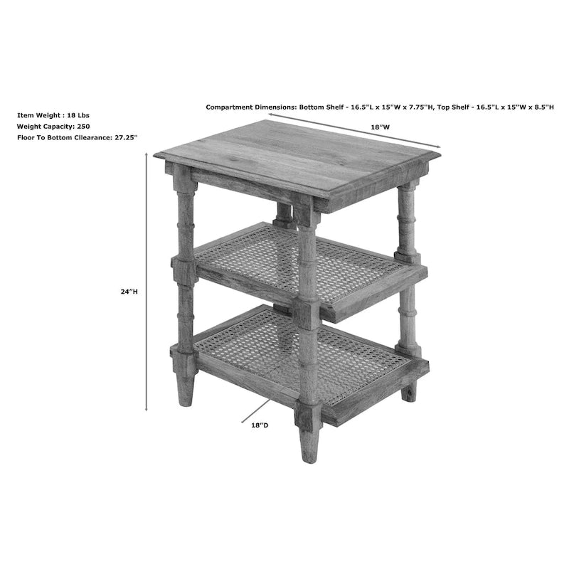 Natural Wood & Cane 3-Shelf Side Table