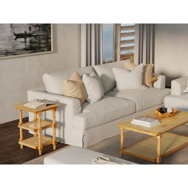 Natural Wood & Cane 3-Shelf Side Table