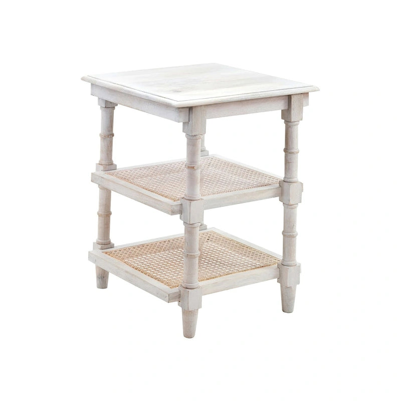 Natural Wood & Cane 3-Shelf Side Table