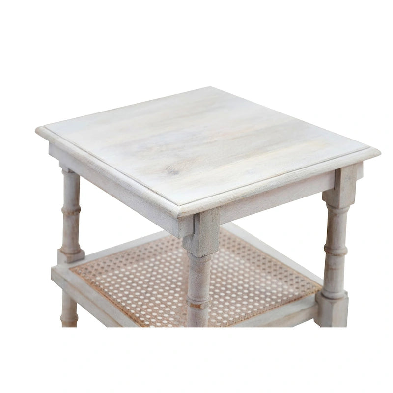 Natural Wood & Cane 3-Shelf Side Table