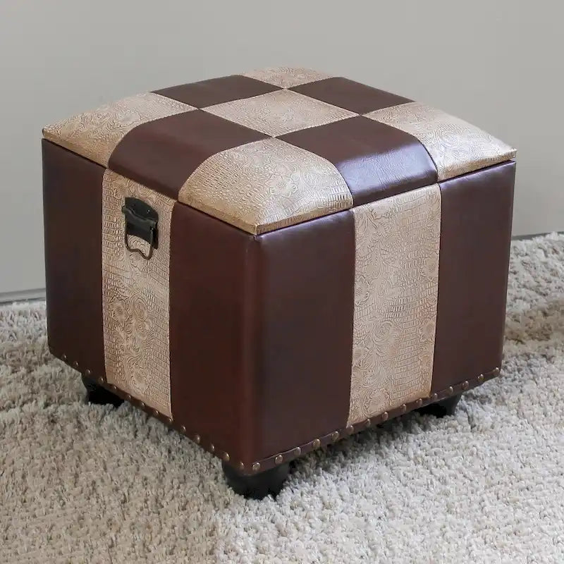Square Storage Ottoman - Faux Leather - Brown/Chocolate/Patchwork